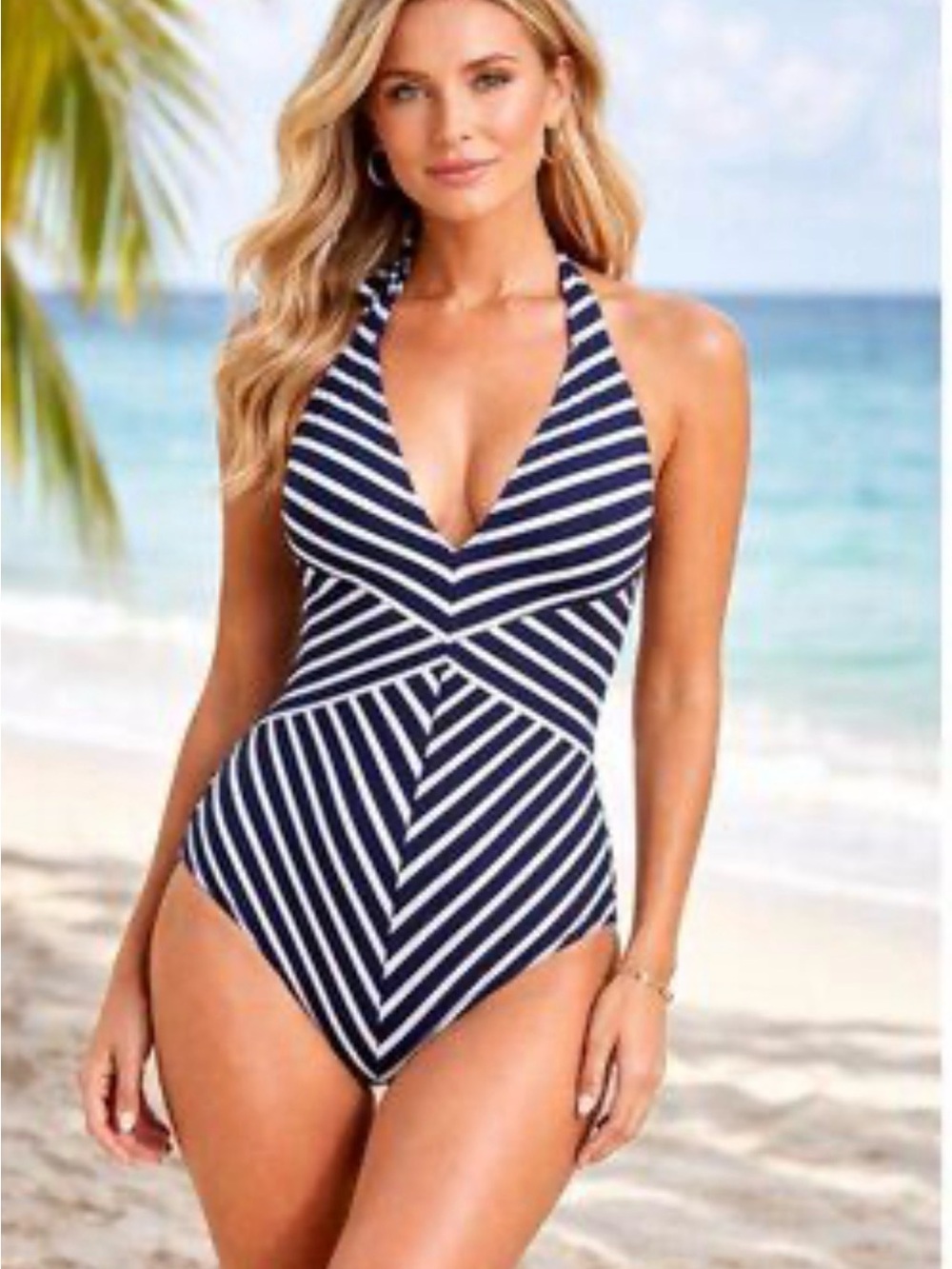 Ralph Lauren Navy and White Striped Halter Swimsuit